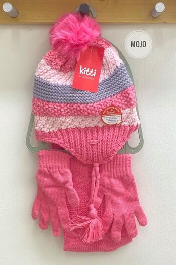 Kitti Girl's Colorful Striped Beret Scarf Gloves Set K22170-08 Fuchsia