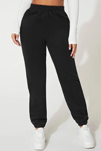 MODAGEN Women's Black Solid Color Elasticized Oversize Sweatpants