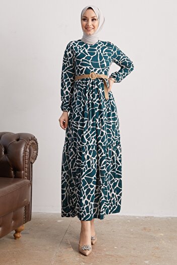 InStyle Else Stone Patterned Straw Belt Dress - Petrol Green