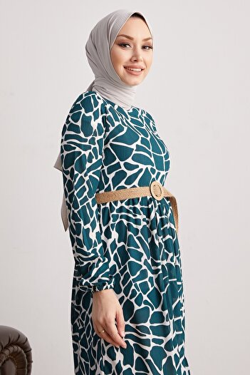 InStyle Else Stone Patterned Straw Belt Dress - Petrol Green