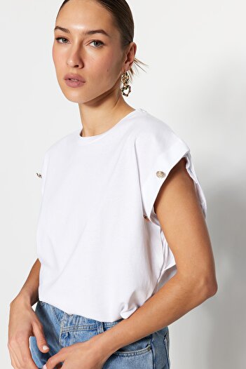 Trendyol Collection White 100% Cotton Button Detailed Padded Look Basic Crew Neck Knitted T-Shirt TWOSS23TS00016