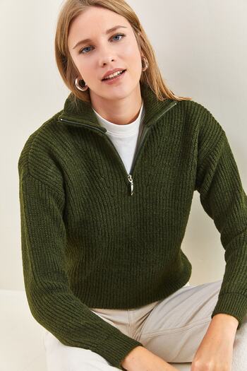Bianco Lucci Women's Zippered Turtleneck Oversize Knitwear Sweater