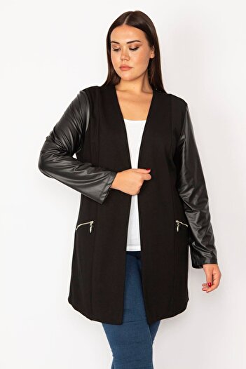 Şans Women's Large Size Black Faux Leather Detailed Ornamental Pocket Zippered Unlined Jacket 65n35353