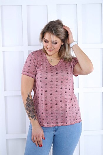 Seamoda Women's V-neck Sandal and Ship Printed Basic Tshirt-pink