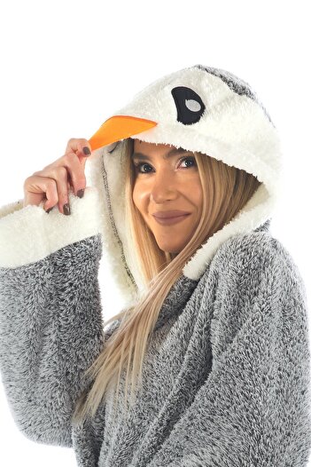 Znp Home Kadın Gri Penguen Nakışlı Kapüşonlu Wellsoft Peluş Sabahlık