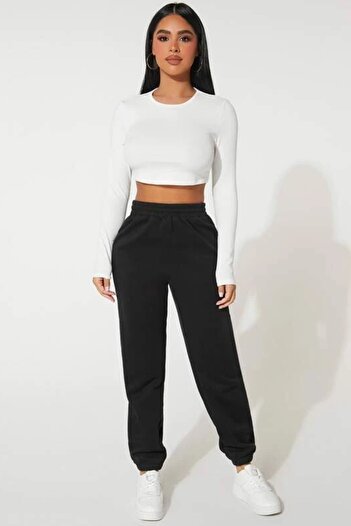 MODAGEN Women's Black Solid Color Elasticized Oversize Sweatpants