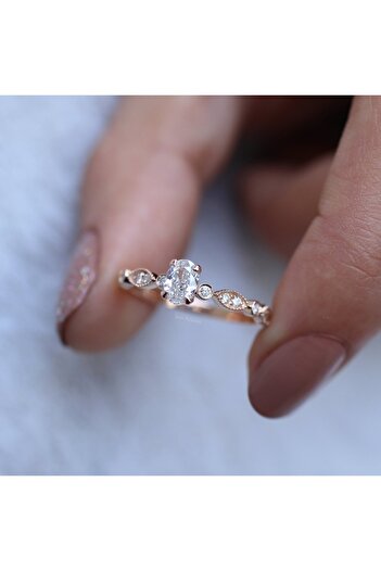 INZA mücevherat 0.42 Ct Vintage Özel Tasarım Oval Pırlanta Tektaş Yüzük