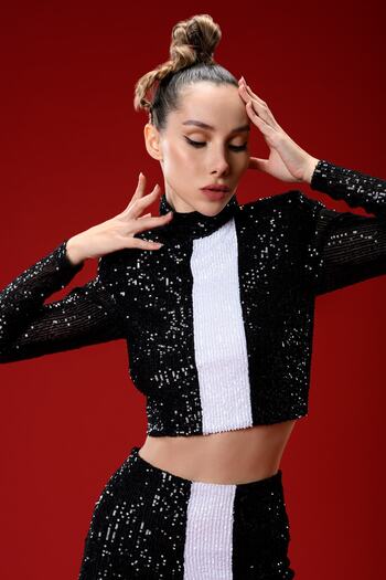 Gira official Black and White Stripe Detailed Sequined Trousers Crop Top Set