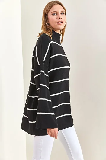 Bianco Lucci Women's Turtleneck Striped Oversize Knitwear Sweater
