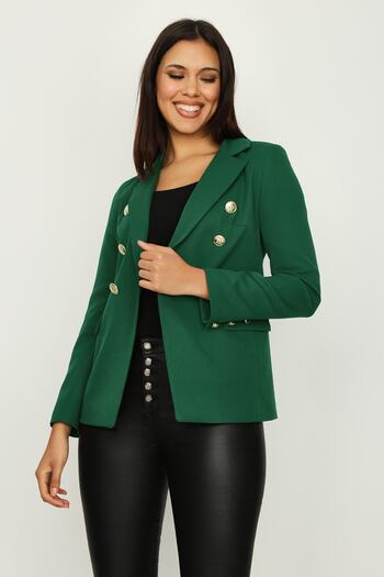 Select Moda Women's Dark Green Gold Button Closure Lined Blazer Jacket
