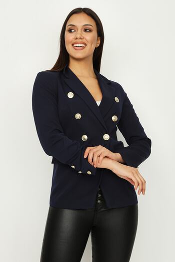 Select Moda Women's Navy Blue Gold Button Closure Lined Blazer Jacket