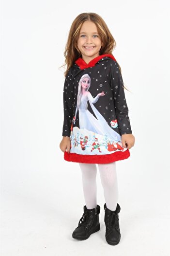 pistyle Kız Çocuk Elsa Desenli Siyah Elbise.yeni Yıl Konsept.hediye.