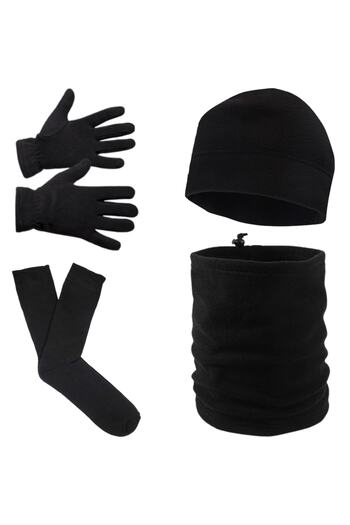 AXE SPORTSWEAR Men's Black Winter Fleece Beanie - Fleece String Neck Collar - Fleece Gloves - Towel Socks Set of 4