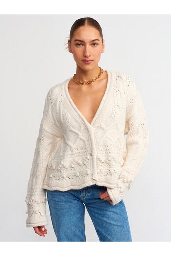 Dilvin 60174 V-Neck Knitwear Cardigan-Ecru