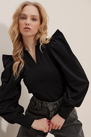 Trend Alaçatı Stili Dámská tkaná plodinová halenka s plným límečkem Princess Sleeve ALC-X9659