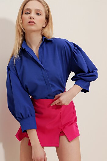 Trend Alaçatı Stili Női Saks Balloon Sleeve Rejtett Placket Basic Poplin ing ALC-X9654