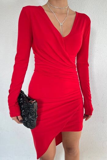 lovebox Flexible Sandy Fabric Long Sleeve Double Breasted Collar Red Asymmetrical Cut Mini Evening Dress 10114