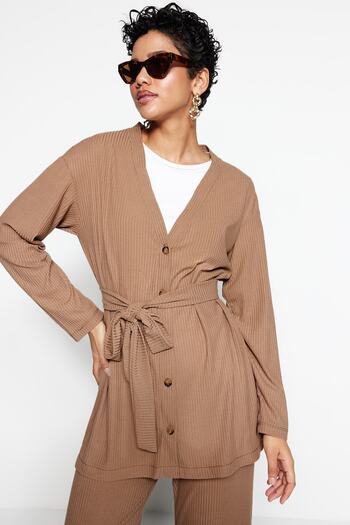 Trendyol Modest Oversize Μπεζ Σετ τουνίκ και Παντελόνι - Πλεκτό με Ζώνη Κορδόνι TCTSS23US00003