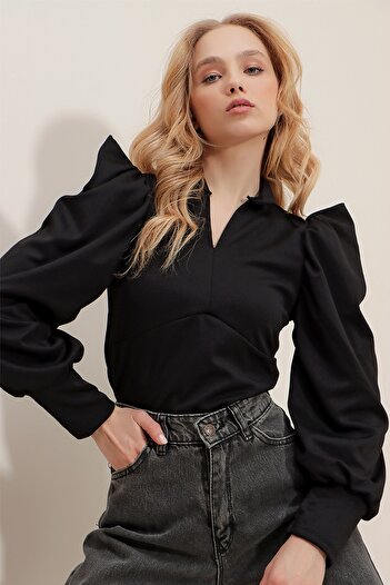 Trend Alaçatı Stili Dámská tkaná plodinová halenka s plným límečkem Princess Sleeve ALC-X9659