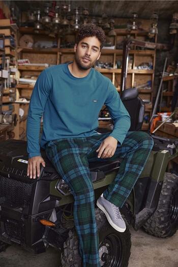 Aydoğan Men's Jacquard Turquoise Pajama Set with Plaid Bottoms and Plain Top