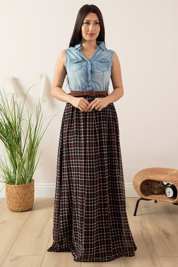 PULLIMM Olga 3993 Top Denim Bottom Tulle Long Dress