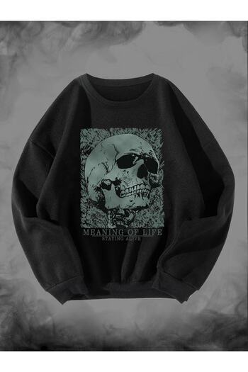 Mythologie Φούτερ Meaning Of Life Skull Printed Unisex Oversize Μαύρο φούτερ με λαιμόκοψη