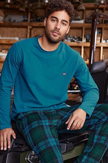Aydoğan Men's Jacquard Turquoise Pajama Set with Plaid Bottoms and Plain Top