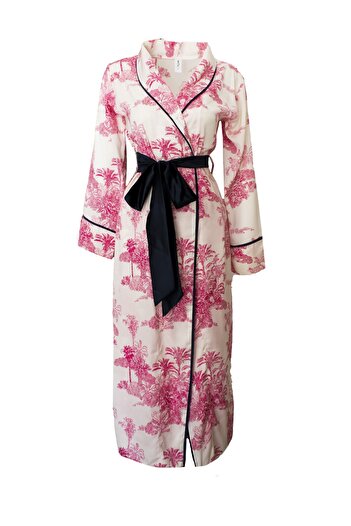 Mita Concept Cotton Satin Shawl Collar Navy Blue Piping Dressing Gown
