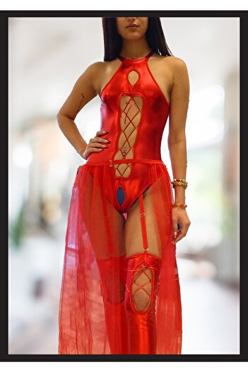 TİESSİ Women's Red Leather Harness Fancy Costume Fantasy Sexsi Nightdress