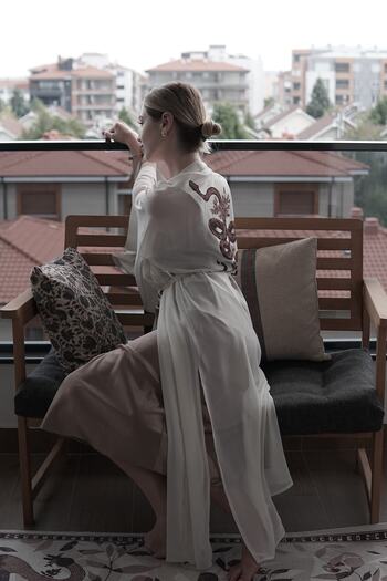 Mita Concept Ecru Chiffon Bat Sleeve Kimono