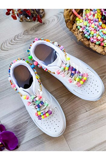MECH BUTİK Pantofi sport albi pentru femei, cu ornamente din margele, pantofi personalizat, lucrat manual, cu margele brodate