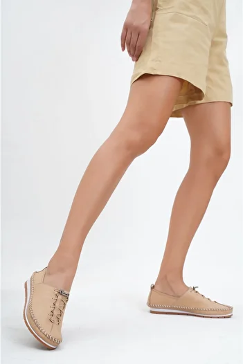 Deripabuc Genuine Leather Beige Women's Leather Ballerinas Dp16-0051