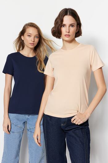 Trendyol Collection Basic Crew nyakú kötött póló - 100% pamut, sötétkék-bézs, 2 csomagos TWOSS20TS0141