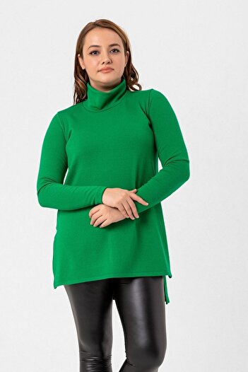 Laranor Green Large Size Turtleneck Side Slit Blouse & Sweater