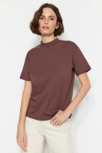 Trendyol Collection Кафяво-бежова плетена тениска с 2 пакета от 100% памук и стояща яка, TWOSS20TS1500