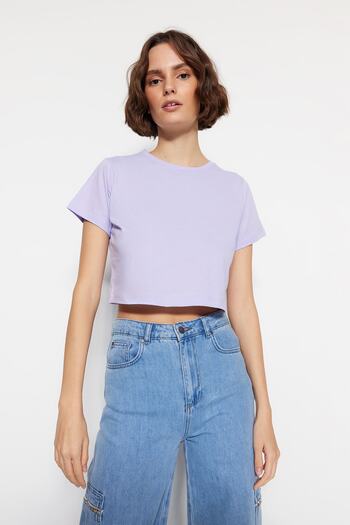 Trendyol Collection Sötétkék-lila 2 csomag 100% pamut Crop Crew nyakú kötött póló TWOSS20TS1480