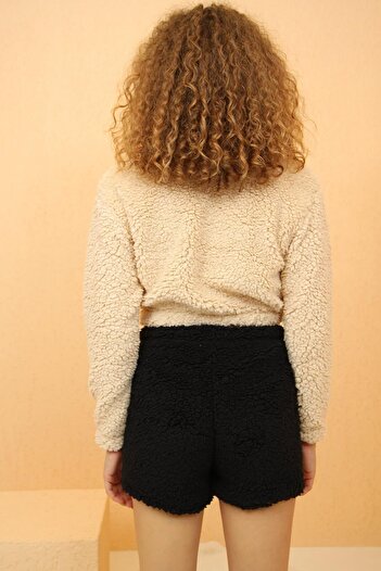 Pijamaevi Ekru Tiger Desenli Crop Poodle Peluş Pijama Takımı