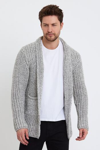 Tarz Cool Men's Gray Thick Honeycomb Pocket Detailed Knitwear Cardigan-hrk3451r03s