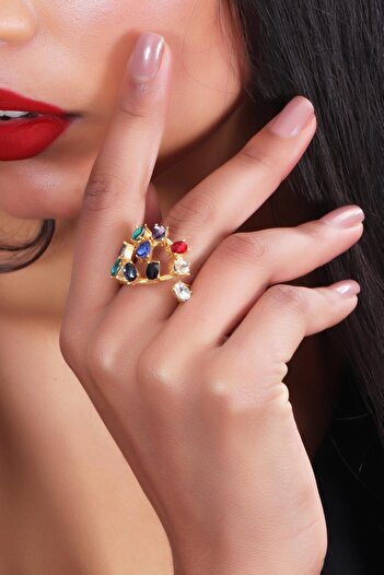 LABALABA Women's Antique Yellow Plated Crystal Cut Stone Detailed Rainbow Model Adjustable Ring
