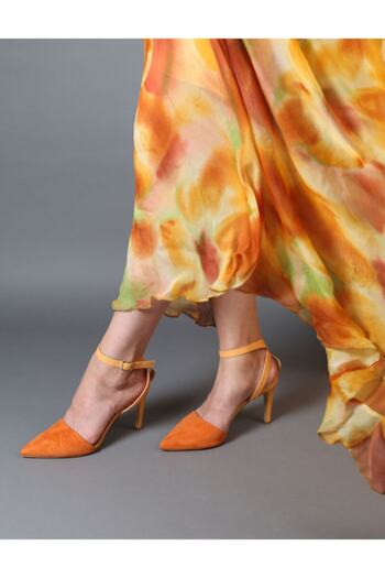 BUTIGMA Orange Suede Leather Ankle Strap Pointed Toe Heeled Shoes Sandals - Women