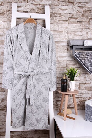 Baveno Women's Butterfly Patterned Shawl Gray Dressing Gown