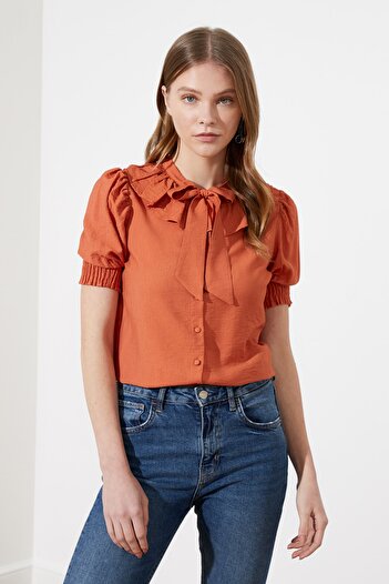 Trendyol Collection Καφέ γιακά Γραβάτα Λεπτομερές Υφαντό Πουκάμισο TWOSS21GO0125