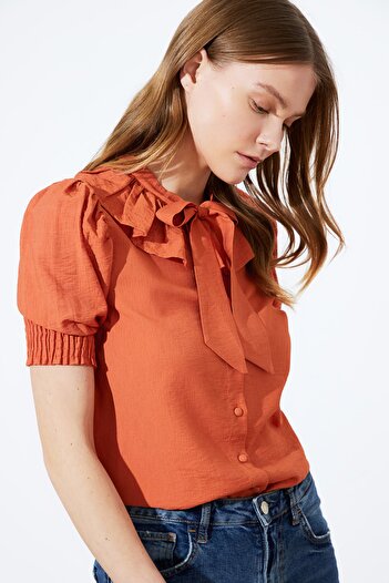 Trendyol Collection Καφέ γιακά Γραβάτα Λεπτομερές Υφαντό Πουκάμισο TWOSS21GO0125