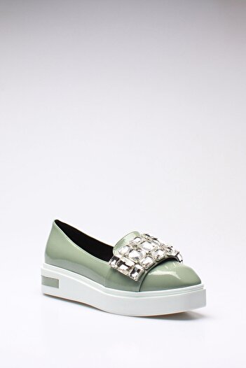 ROVIGO Women's Mint Green Jewelled Wrinkled Patent Leather Ballerinas