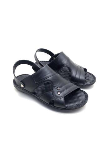 UMUT AYAKKABI Men's Black Leather Large Size Orthopedic Massage Sandals