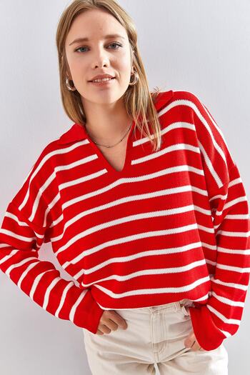 Bianco Lucci Women's Polo Neck Striped Oversize Knitwear Sweater