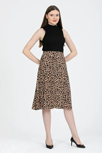 Gül Moda Flared Midi Skirt with Elastic Waist Leopard Pattern G102-3