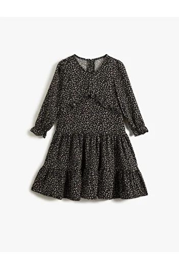 Koton Rüschenkleid mit Leopardenmuster, lange Ärmel, V-Ausschnitt und elastische Bündchen