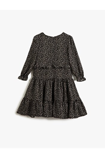 Koton Rüschenkleid mit Leopardenmuster, lange Ärmel, V-Ausschnitt und elastische Bündchen