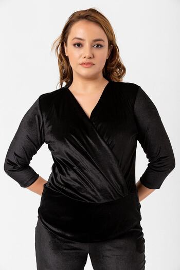 Laranor Black Plus Size Double-breasted Collar Three-quarter Sleeve Velvet Blouse